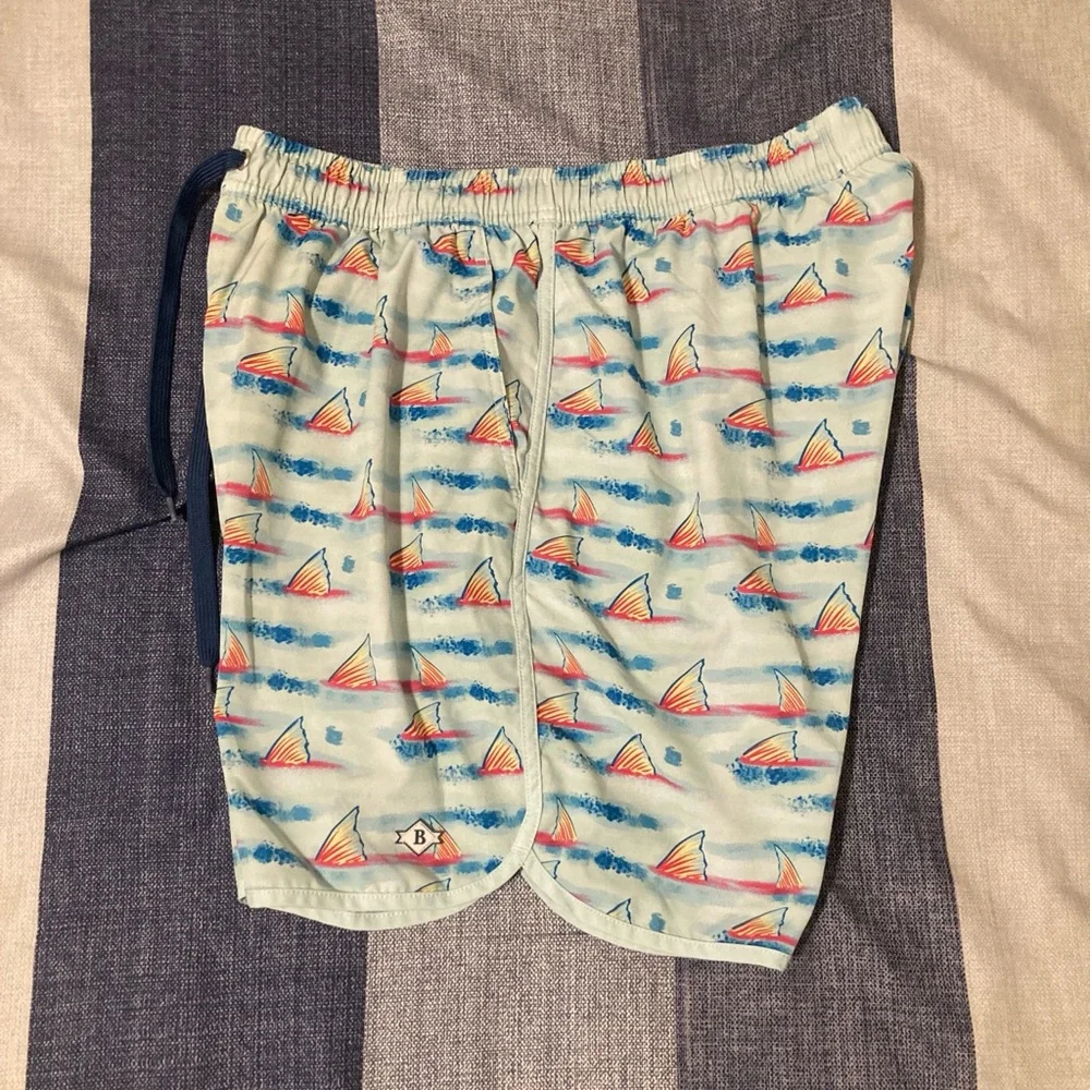 Burlebo Mens Swim Trunks Sz M Fins Ocean Sea Fish Aquatic Blue
